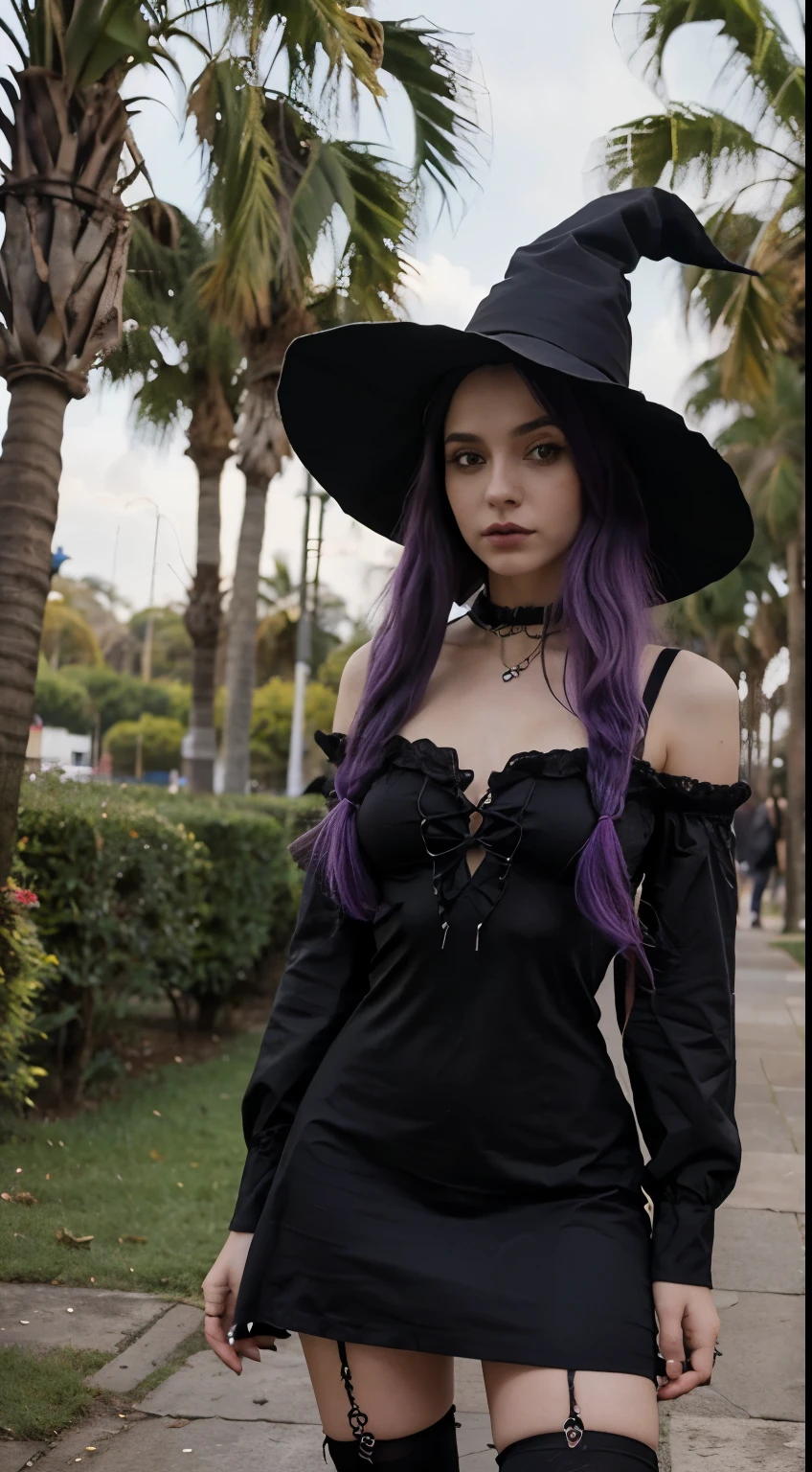 Menina bonita, menina jovem, 24 anos, Cabelo absurdamente longos, cabelo pintado todo de roxo, goth woman, com roupas de vestido pretos, with a witch's hat, andando num parque, apaixonada, realista.