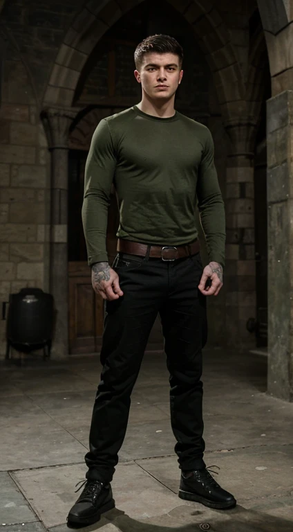 Harry Potter badass, 17 years old, military haircut, black hair, intense green eyes fixed, intense gaze, affiliated features, no facial hair, height 1.93, weight 96 kg, muscular build, broad shoulders, V-shaped body, sleeves tattoos, full body focus, completely hairless,