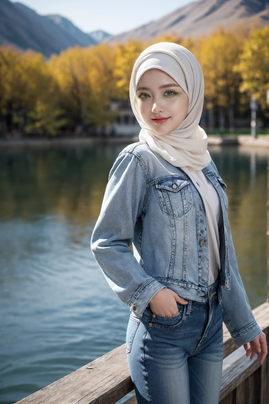 shy stance, smiling, very shy, (realistic photos of Hijab Korean female, slightly smile,expressive eyes,eye makeup,lake background,standing posture,confident attitude,Eye-Level Shot, slightly blurry background,UHD,masterpiece:1.2,highres,16k), long Jeans, black, fluffy jacket