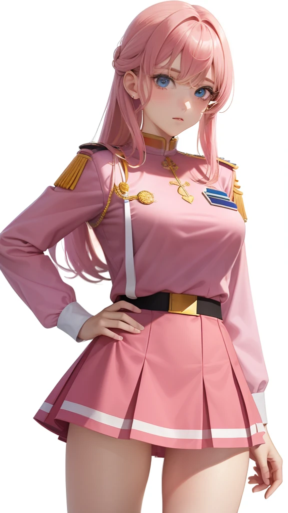 1girl in, sayla mass, Elegant, masutepiece, Convoluted, Army pink uniform dress with a super miniskirt that almost shows your panties、Super miniskirt You can see the pants in the miniskirt、White panty、Realistic, Best Quality, With White Base and Mobile Suit Gundam in the background、absurderes, high face detail, Perfect eyes, 18 years old, Cowboy Shot, realization、, Vibrant colors, Pink Uniform, Skirt