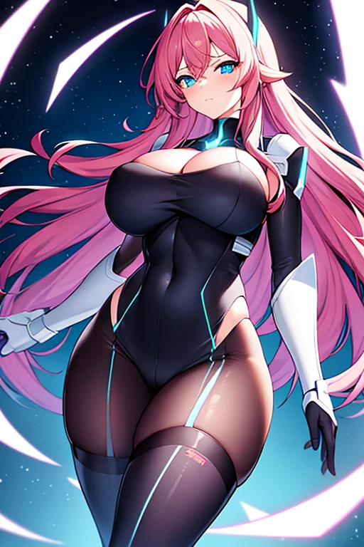 1girl, large breasts, breasts, thick thighs, wide hips, pink hair, long hair, blue eyes, white bodysuit, bodysuit, futuristic, science-fiction, tech, machinery, angel wings, pantyhose, thigh strap, cutout, hip vent, cleavage, serious, glowing eyes, neon, neon trim, glowing eyes