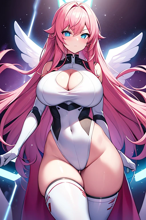 1girl, large breasts, breasts, thick thighs, wide hips, pink hair, long hair, blue eyes, white bodysuit, bodysuit, futuristic, science-fiction, tech, machinery, angel wings, pantyhose, thigh strap, cutout, hip vent, cleavage, serious, glowing eyes, neon, neon trim, glowing eyes