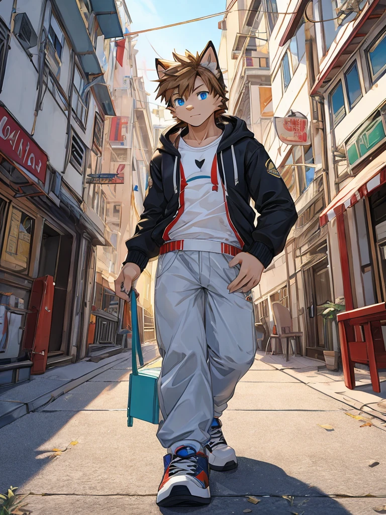 hairy pubic , Alone ,light fur cat,dark blue case,Sky blue eyes，Wear a black hoodie,black long pants,Try stylish sneakers,Cute face,Shota