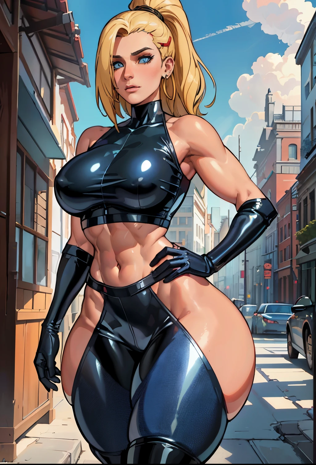 Unparalleled Masterpiece, Ultra Realistic 8k CG, Perfect Art, (1girl: 1.1), Solo, ((Perfect Female Figure)), (NSFW), Looking at the Viewer, Mature Woman, Bimbo (Android 18) Standing, (Mockery), Best Quality: 1.1, Seductive Posture, Sexy Pose, Seductive, (Beautiful), (Curvy), (Thick), Blonde Hair, (Blue Eyes: 1.2), Short Hair, Earrings, Jewelry, Denim Vest, Open Vest, Black Pantyhose, Black Shirt,  denim skirt, long striped sleeves, blue skirt, toned legs, fit, (abs: 1.1), (big butt: 1.4), peach ass, (athletic body: 1.2), (large breasts: 1.3, (big_breasts: 1.1), wide_hips: 1.5, narrow waist, small waist: 1.5, slim body: 1.2, thick thighs: 1.3), (shiny skin: 1.2), (HDR), (street: 1.2), Nikon D850 stock photography Kodak Portra 400 f1.6 lens,  rich colors, realistic texture, dramatic lighting, unreal engine, trend in ArtStation, by Gerald Brom, by Frank Frazetta, by Luis Royo, by Julie Bell, by Boris Vallejo
