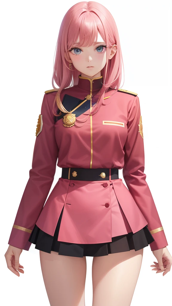 1girl in, sayla mass, Elegant, masutepiece, Convoluted, Army pink uniform dress with a super miniskirt that almost shows your panties、Super miniskirt You can see the pants in the miniskirt、White panty、Realistic, Best Quality, With White Base and Mobile Suit Gundam in the background、absurderes, high face detail, Perfect eyes, 18 years old, Cowboy Shot, realization、, Vibrant colors, Pink Uniform, Skirt