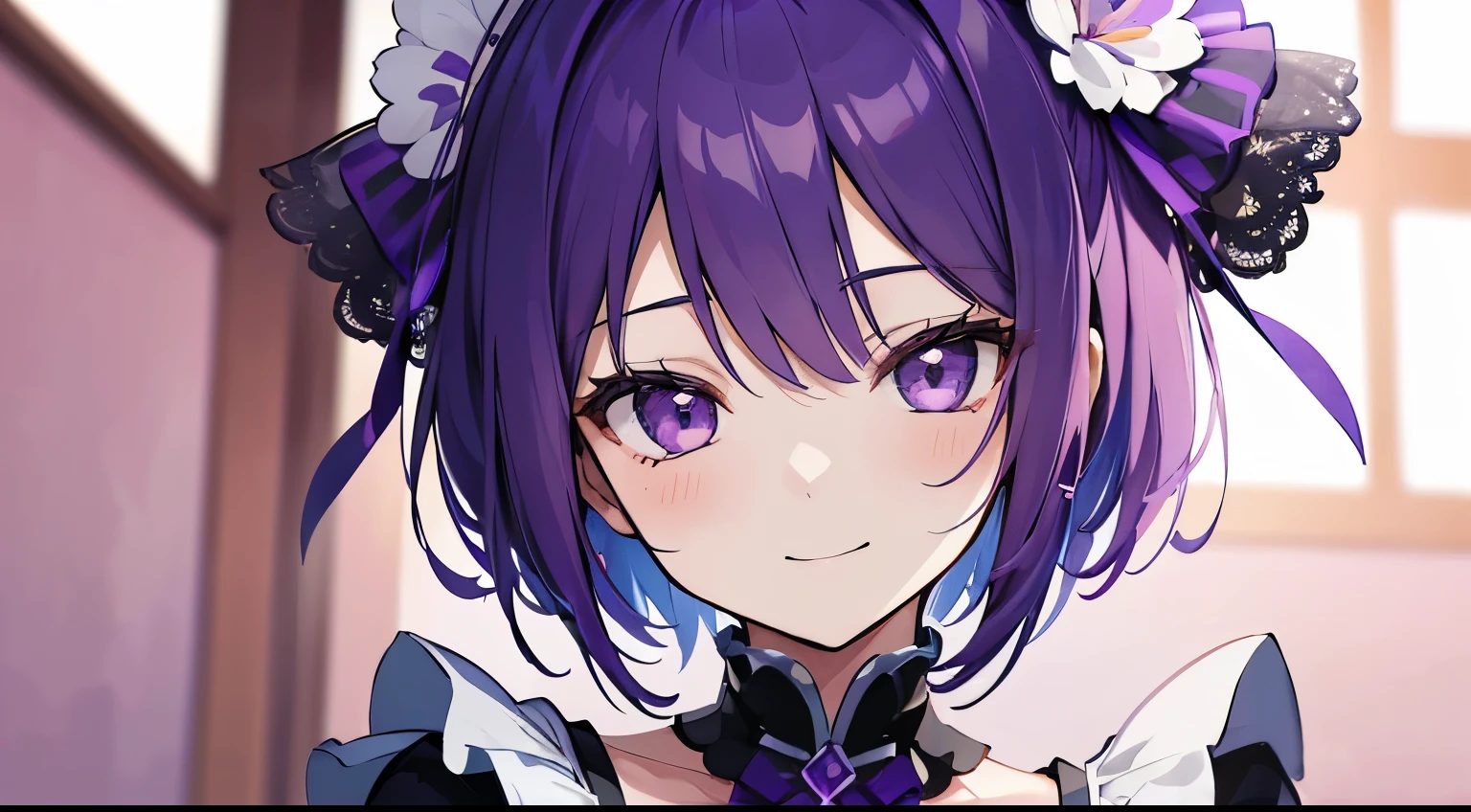 (tmasterpiece,4k wallpaper,best qualtiy))、((girl with1a person))、(独奏)、Brilliant,(Purple hair)、short-cut、a smile、close up of face、Maids、(natta:1.3)、murky、mansion