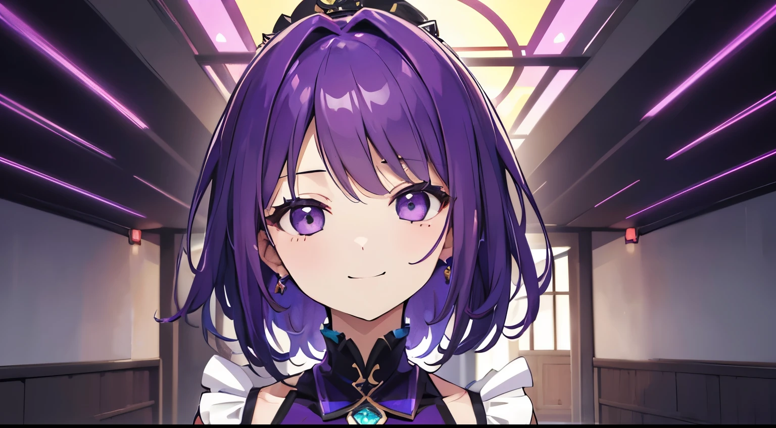 (tmasterpiece,4k wallpaper,best qualtiy))、((girl with1a person))、(独奏)、Brilliant,(Purple hair)、short-cut、a smile、close up of face、Maids、(natta:1.3)、murky、mansion