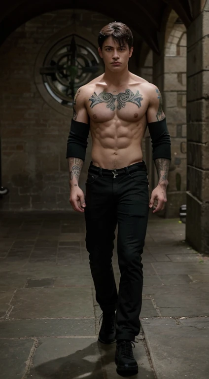 Harry Potter badass, , military haircut, black hair, intense green eyes fixed, intense gaze, affiliated features, no facial hair, height 1.93, weight 96 kg, muscular build, broad shoulders, V-shaped body, runes magic tattoos, full body focus, completely hairless,