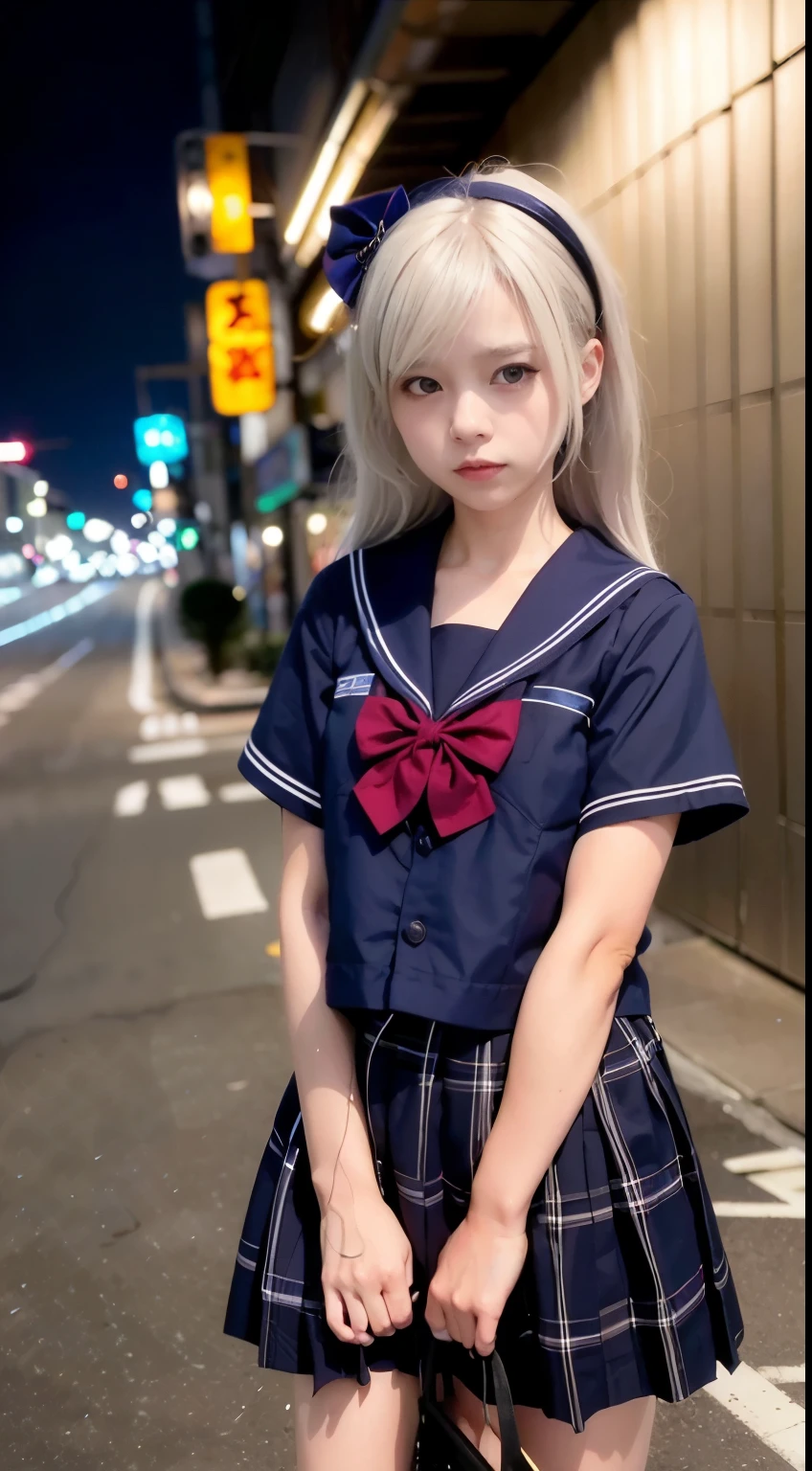 (8k, RAW photo, best quality, masterpiece:1.3),(realistic,photo-realistic:1.37),(night),(looking at viewer:1.331),(white hair),posing,Tokyo street,nightcityscape, cyberpunk city,soft light,1girl,extremely beautiful face,bust,put down hands,Random hairstyle,Random expression,big eyes, ,lower abdomen,(lshort-sleeved JK_sailor),JK_style,(dark blue JK_skirt) ,(bow JK_tie),mix4