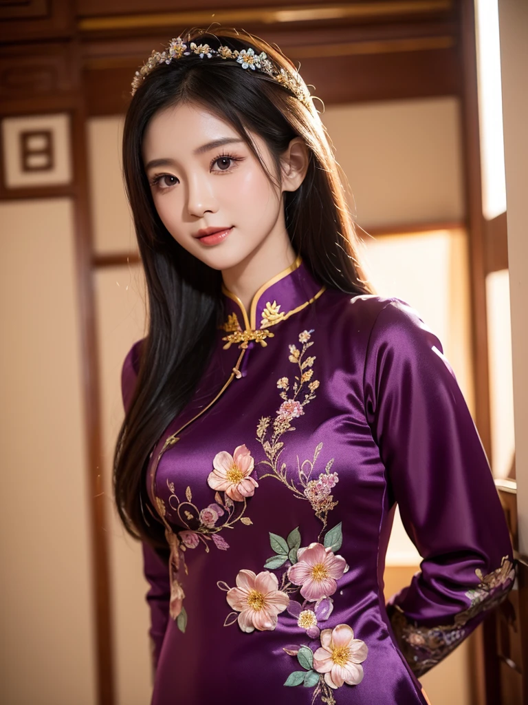 traditional clothes ,dark purple ao dai, ao dai, vietnamese girl, vietnam, vietnamese, satin, pretty girl, wide smile , long hair, Realistic lighting, delicate face, cute expression, Body perfect anatomy,Top Quality, 8K Resolution , full body , realistic , real human , High quality, shiny ao dai  , realistic , Cinematic, Aesthetic , satin aodai, detailed and beautiful face and eyes,beautiful woman, floral patterns, flowers, flower design, flower pattern, cute woman, traditional ao dai