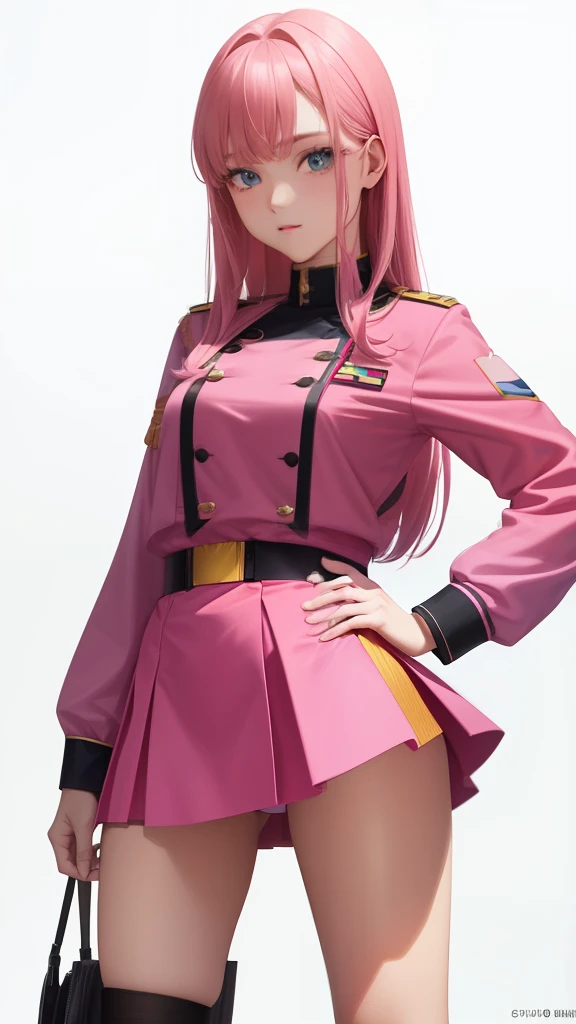 1girl in, sayla mass, Elegant, masutepiece, Convoluted, Army pink uniform dress with a super miniskirt that almost shows your panties、Super miniskirt You can see the pants in the miniskirt、White panty、Realistic, Best Quality, With White Base and Mobile Suit Gundam in the background、absurderes, high face detail, Perfect eyes, 18 years old, Cowboy Shot, realization、, Vibrant colors, Pink Uniform, Skirt