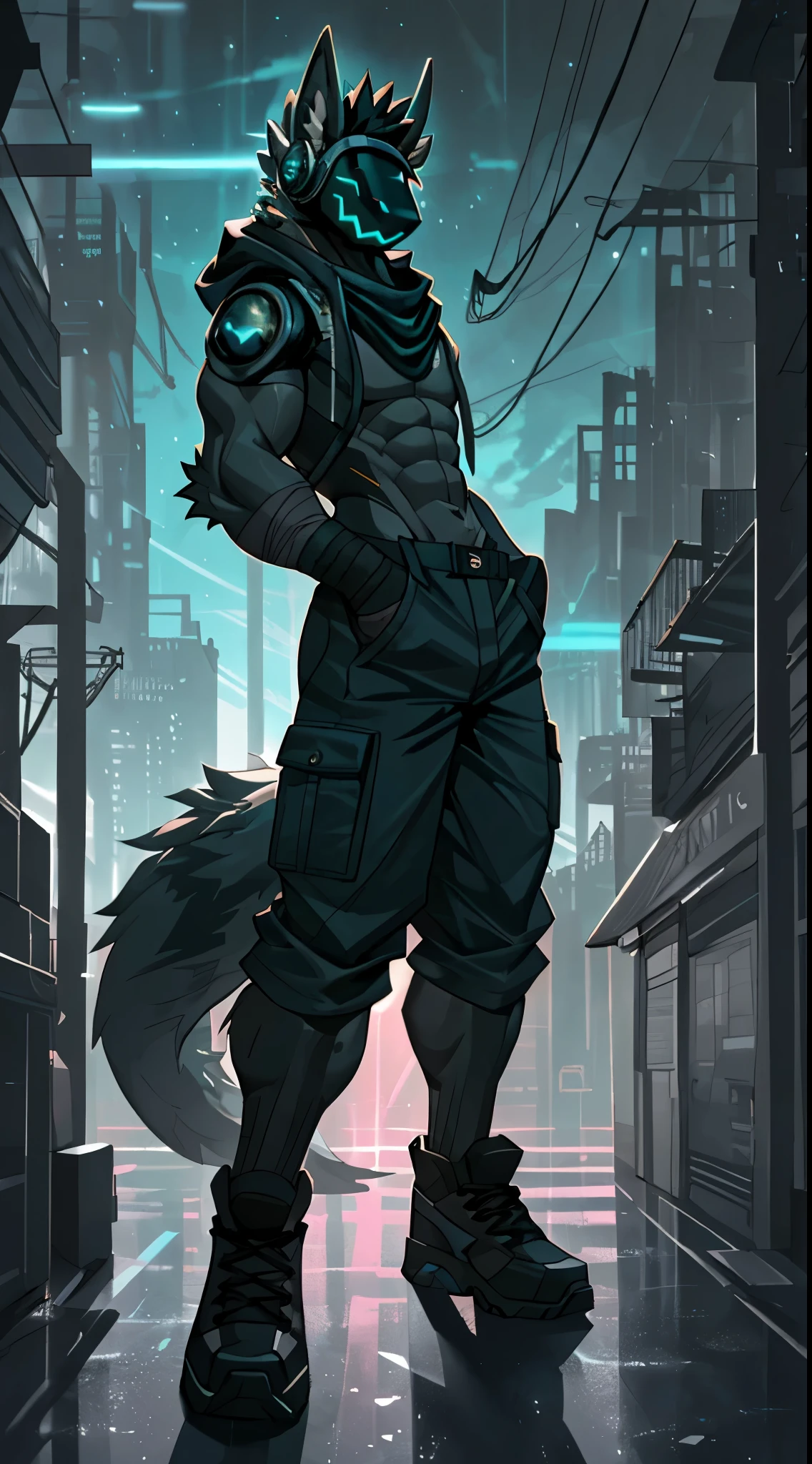 adult content, low-key light, cyberpunk, extremely_detailed, drawing of a singular adult male protogen furry, green_protogen_visor, black_body_fur, very long legs, long arms, very tall, muscular_body, 6 pack abs, long fluffy tail, black_gloves, black_scarf, black_baseball_cap, large chest, huge black mohawk, large_horns, open_hoodie, exposed upper body, shirtless, black long cargo pants, black_athletic_shoes, bandages, large_motorcycle, seductive_pose, hands_inside_pocket, serious_face, extremely dark and gloomy atmosphere, dramatic_light, camera angled lower, night time, neon lights, city, protogen, protogen face, protogen visor, neon lights, midjourney, protogen_face, midjourney, protogen, C7b3rp0nkStyle, VPL, Male focus, yofukashi background., Best quality, masterpiece