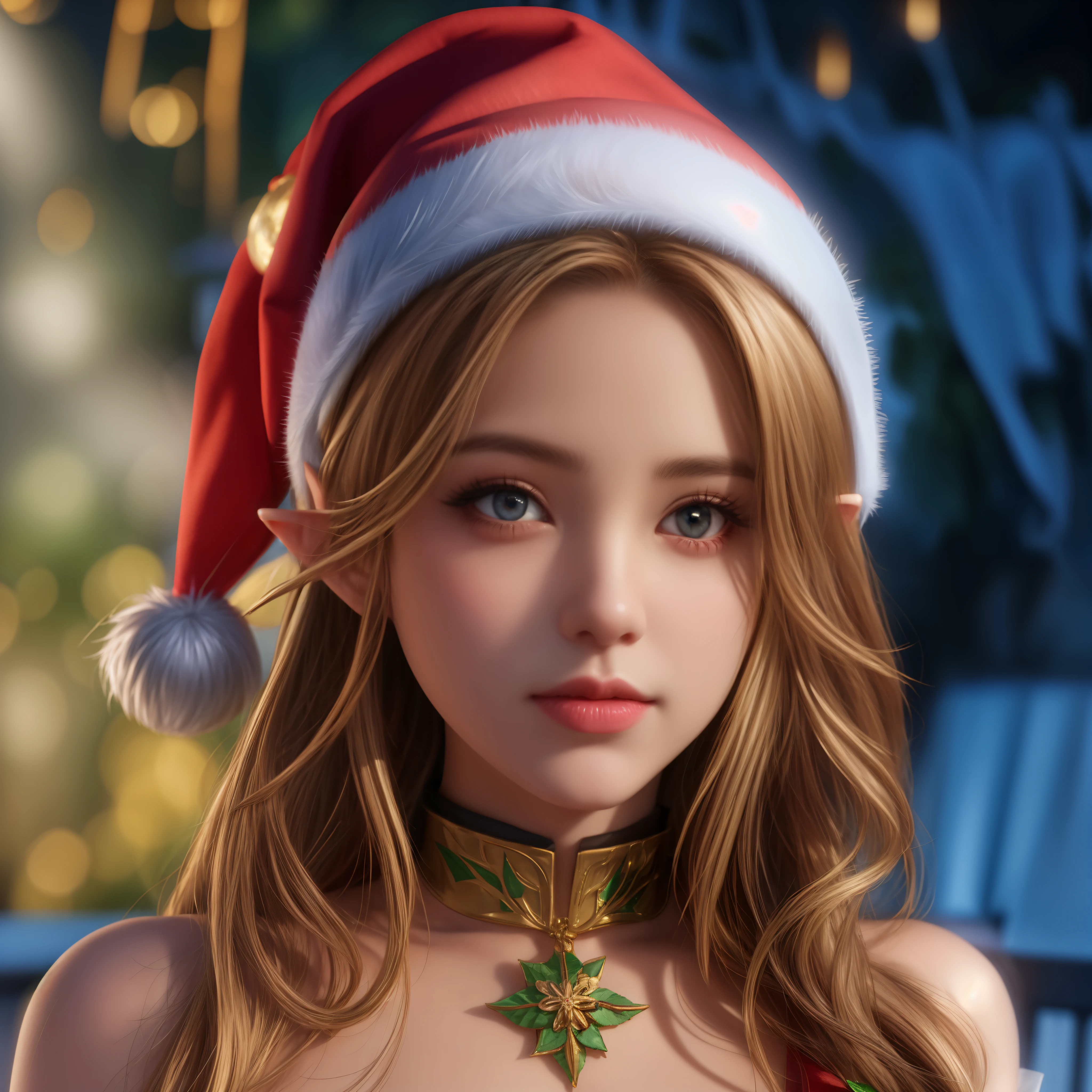 There is a woman wearing a Santa hat and a necklace., Elf girl, Karol behind UHD,  Elf girl, 8K Artgerm Bokeh, Noche de Navidad, Adorno joyado sobre la frente, 8k)), Arte digital realista 4K, Arte digital realista 4K, Arte detallado de alta calidad 8K, Un retrato de un elfo, 2 d cg