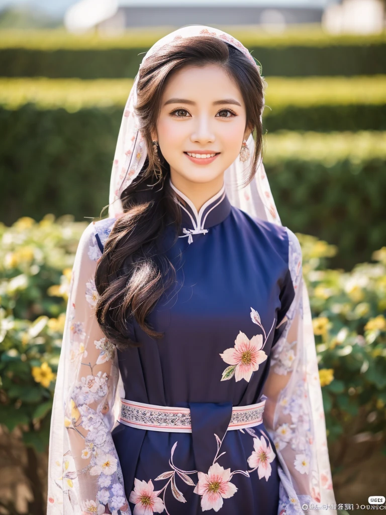 traditional clothes ,dark purple ao dai, ao dai, vietnamese girl, vietnam, vietnamese, satin, pretty girl, wide smile , long hair, Realistic lighting, delicate face, cute expression, Body perfect anatomy,Top Quality, 8K Resolution , full body , realistic , real human , High quality, shiny ao dai , realistic , Cinematic, Aesthetic , satin aodai, detailed and beautiful face and eyes,beautiful woman, floral patterns, flowers, flower design, flower pattern, cute woman, traditional ao dai