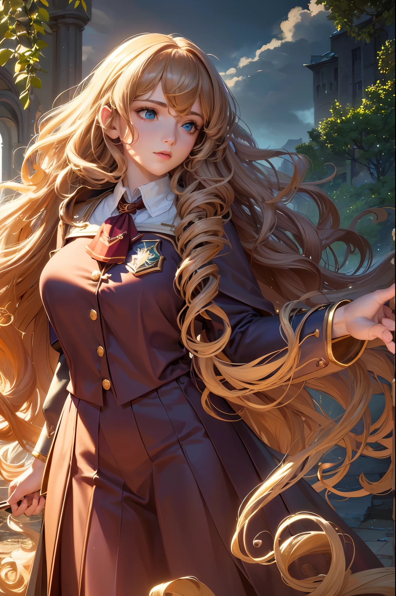 (best quality,4k,8k,highres,masterpiece:1.2), ultra-detailed, (realistic,photorealistic,photo-realistic:1.37), portraits,girl, long hair, (((curly hair))), messy hair, (((golden hair))), (ultramarine blue eyes), (big chest), curvy body (medium:1.1),(((gryffindor uniform:1.1)))), (((hogwarts uniform))) vibrant colors, soft lighting, enchanting background, mysterious atmosphere, magical feel, greenery, flowers, vintage aesthetics, curly smoke, flowing wind, dreamy appearance, magical wand, confident posture, captivating gaze