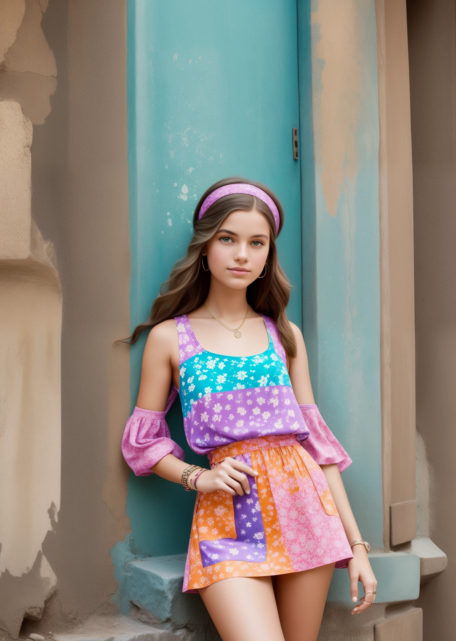 photo, portrait, Annie Leibovitz, detailed image of a 1960's 20 year old girl, embodying the essence of a flower-child. She should be depicted as tall, with notably long legs, giving her a distinct and stylish presence. Her attire is a quintessential 1960s tank top, perhaps featuring tiedye motif, capturing the groovy spirit of the era. The girl's overall demeanor and style should exude a cool, relaxed vibe, typical of the flower-child movement, with her perhaps adorned in peace symbols or other iconic 60s accessories. Her hair is braided and wrpper aound her head in a way that reflects popular trends of the decade. The background should complement her look, possibly featuring a vibrant, colorful setting that echoes the free-spirited and optimistic atmosphere of the 1960s. --auto --s2