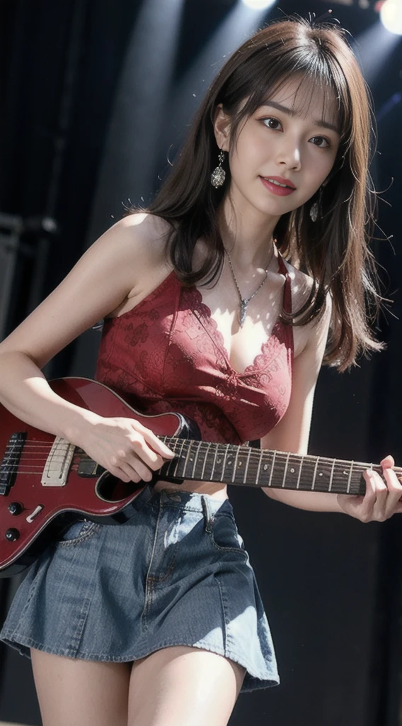 最高品質, master-piece, ultra-high resolution, (photorealistic portrait: 1.4), RAW photo, (full-body-shot), charming smiling girl, ((Playing electric guitar on live stage)), (Dynamic Poses), long-haired, long-hairedมาก, large boobs, Beautiful breasts, plump breasts, เสริมlarge boobs, small waist, flat stomach, micro thin, cross pendant necklace, earrings, (Rocker Chic, Red Lace Ruffleustier): 1.5, Extra high waisted short denim skirt.), A colorful light show, Spotlight