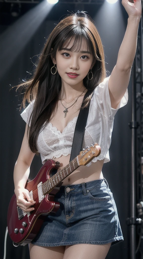 最高品質, master-piece, ultra-high resolution, (photorealistic portrait: 1.4), RAW photo, (full-body-shot), charming smiling girl, ((Playing electric guitar on live stage)), (Dynamic Poses), long-haired, long-hairedมาก, large boobs, Beautiful breasts, plump breasts, เสริมlarge boobs, small waist, flat stomach, micro thin, cross pendant necklace, earrings, (Rocker Chic, Red Lace Ruffleustier): 1.5, Extra high waisted short denim skirt.), A colorful light show, Spotlight