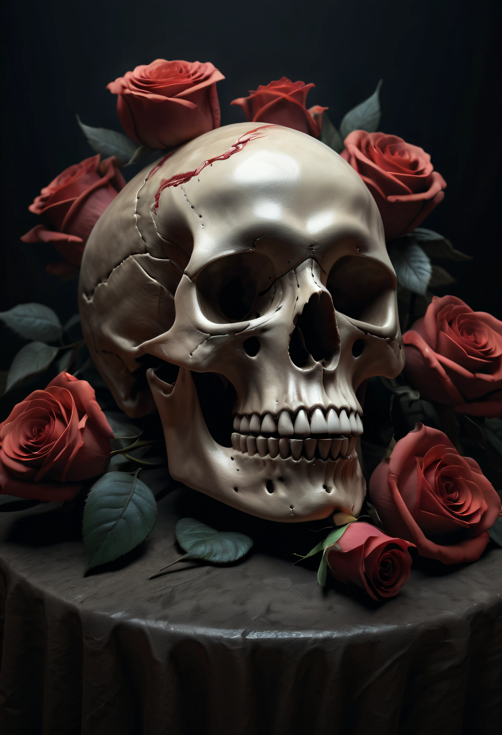 (Best Quality,8K resolution,hight resolution,masutepiece:1.2),Ultra-detailed,Realistic Skull, detailed corpse,Rose, Dark background,Gloomy lighting,Horror-themed,Monochromatic color scheme