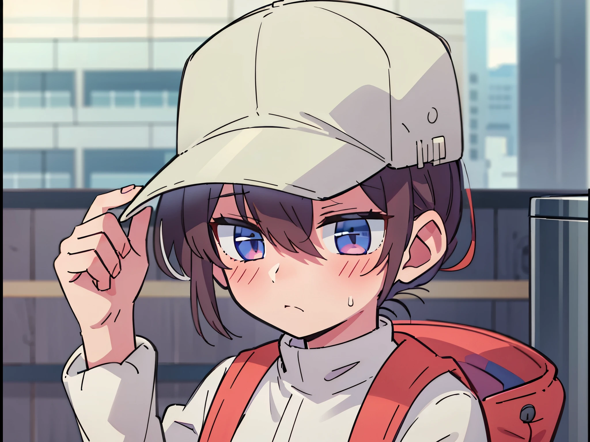 An anime girl wearing a black peaked cap，Lonely look，adolable，