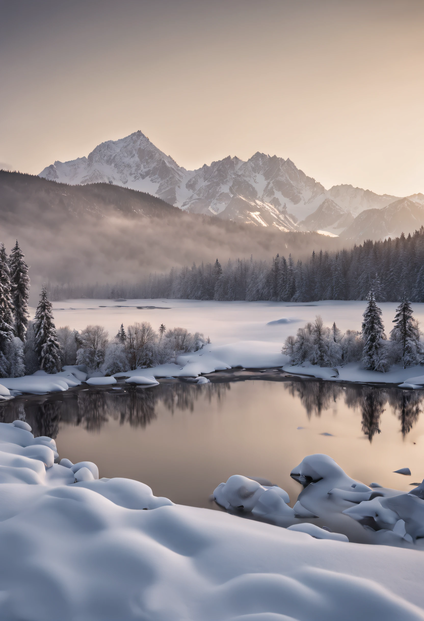 (((masterpiece))),(((best quality))),(((ultra-detailed))),tatra , mountains, winter, 4k, NIKON AF-S Nikkor 200-500 mm f/5.6E ED VR, sunrise, mountain landscape, trees
