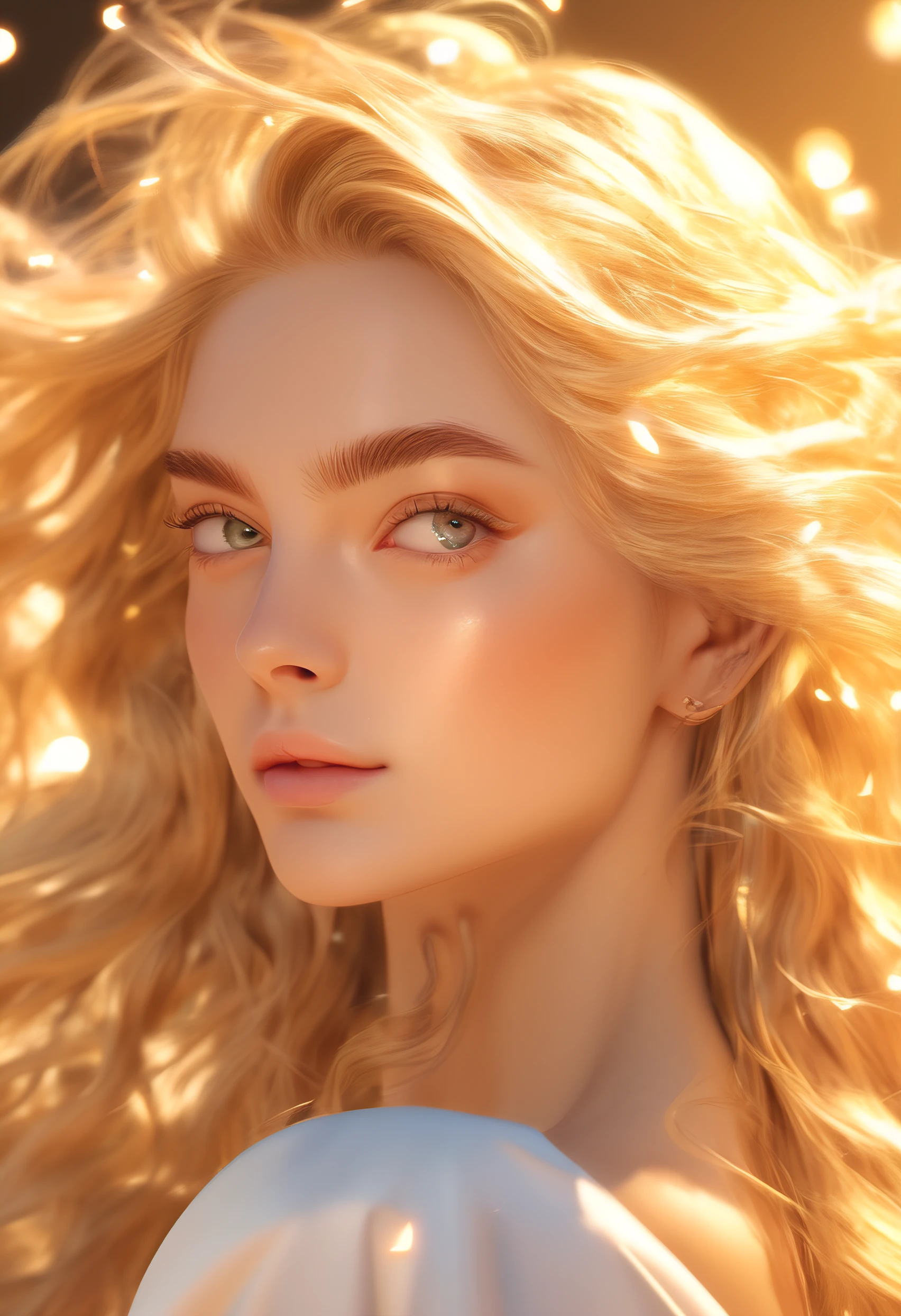 Blonde girl with pure golden hair glowing in sun light (Extremely detailed Cg Unity 8K wallpaper),(Masterpiece), (Best quality), (Ultra-detailed), (Best Illustration),(Best shadow), (Sharp eyeliner, eye shadows, Detailed eyes:1.1),, ,Break, IWS2000,