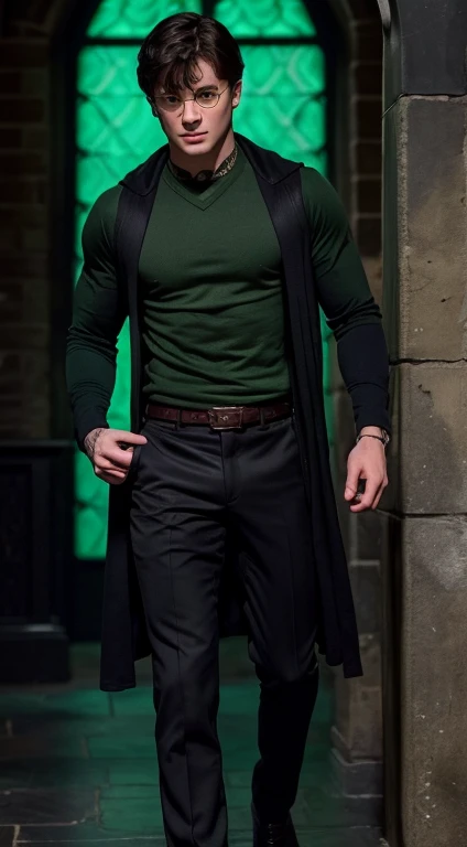 Harry Potter Slytherin, 17 years old, military haircut, black hair, intense green eyes fixed, intense gaze, affiliated features, no facial hair, height 1.93, weight 96 kg, muscular build, broad shoulders, V-shaped body, Celtics tattoos, full body focus, completely hairless,