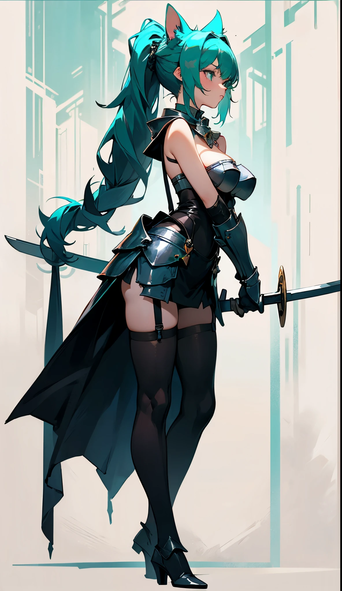 Medieval female knight, Wearing black and cyan tube top armor,cat ear,Ponytail braid ,Black suspender stockings,Long sword masterpiece, The beautiful