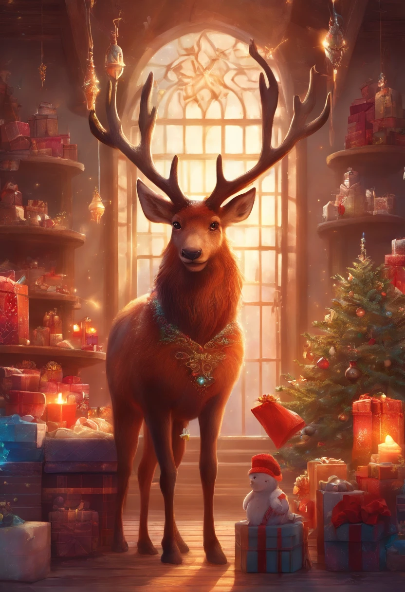 Christmas reindeer, Christmas toy factory background with teddy bears and gifts, dramatic light, very cute, long red hair, shaved, full body, very cute, arrogant, UHD image, Rental, 8k, epic lighting, sharp, realistic , 32k Ultra, Ultra HD