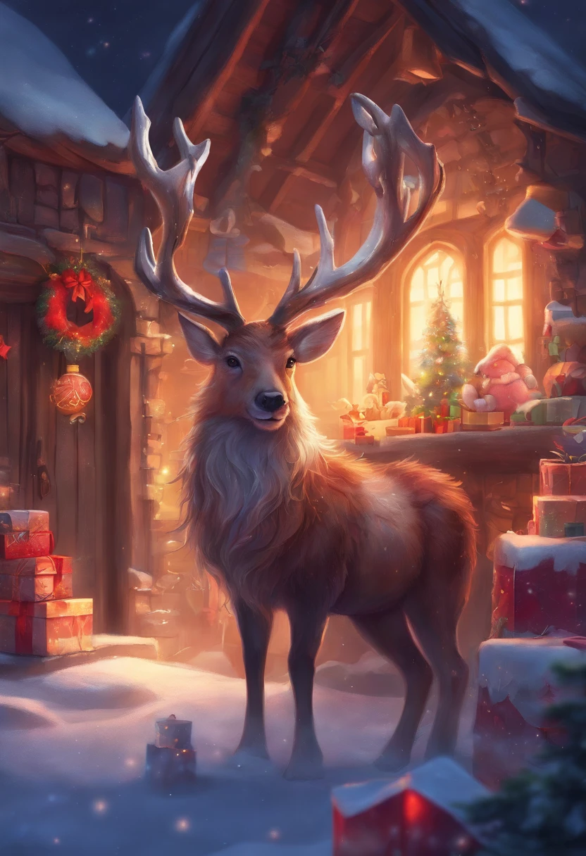 Christmas reindeer, Christmas toy factory background with teddy bears and gifts, dramatic light, very cute, long red hair, shaved, full body, very cute, arrogant, UHD image, Rental, 8k, epic lighting, sharp, realistic , 32k Ultra, Ultra HD