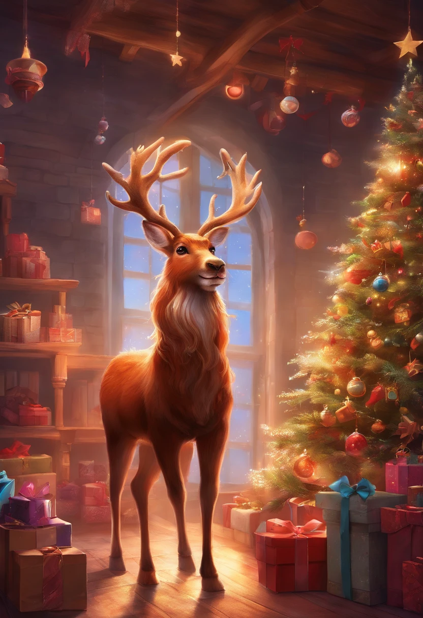 Christmas reindeer, Christmas toy factory background with teddy bears and gifts, dramatic light, very cute, long red hair, shaved, full body, very cute, arrogant, UHD image, Rental, 8k, epic lighting, sharp, realistic , 32k Ultra, Ultra HD