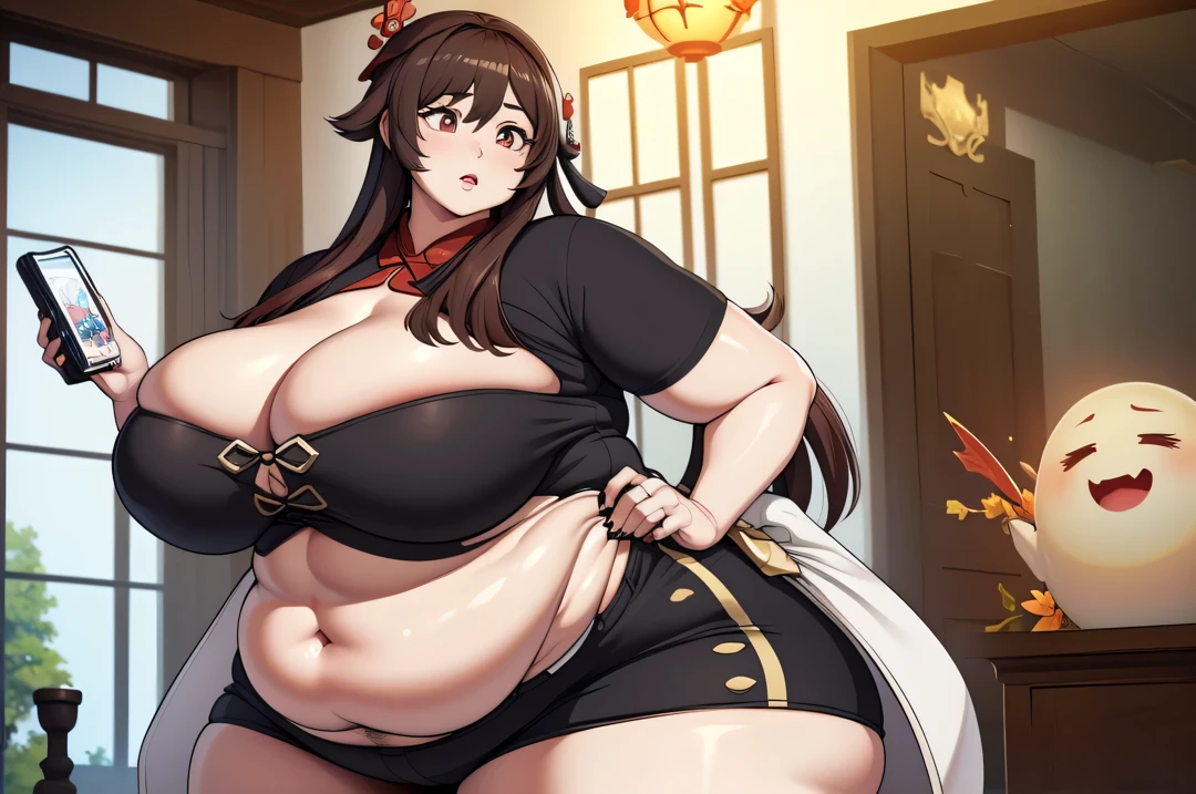 hu tao genshin impact, horny, muito gordo, (quadris largos:1.3), coxas enormes, grossas e macias, SSBBW, muito gordo flabby arms, realistic lighting, High detail, Qualidade HD, Rosto detalhado, sombreamento realista, rolos de gordura, massive size, gigantescos enormes seios transbordando de gordura, massive cleavage, Peso pesado, plussize, everything is fat, textura macia, olhos grandes bonitos, semi-realista, Dynamic angle, pattern clothes