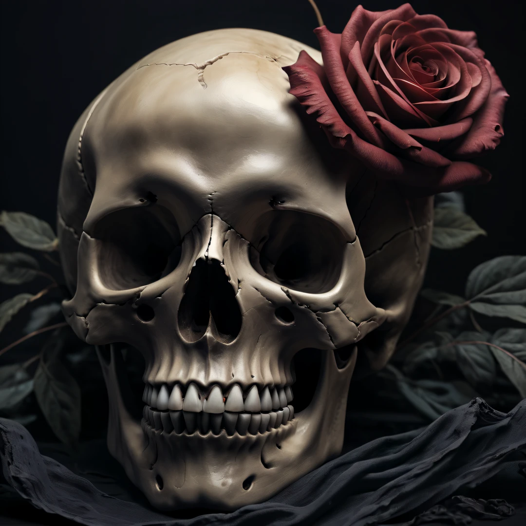 (Best Quality,8K resolution,hight resolution,masutepiece:1.2),Ultra-detailed,Realistic Skull, detailed ??????,Rose, Dark background,Gloomy lighting,Horror-themed,Monochromatic color scheme
