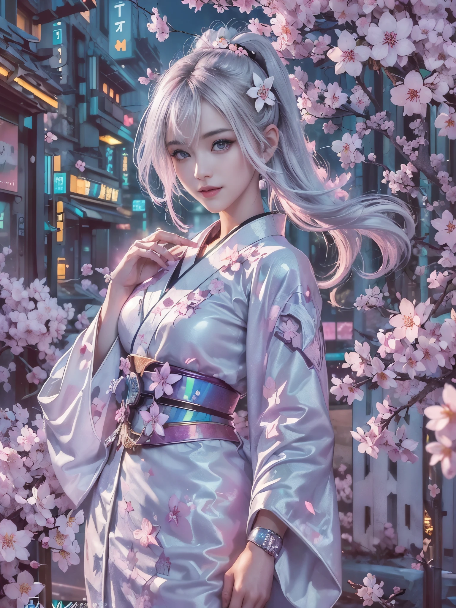 (Digital art, fractal art, official art, beautiful and aesthetic, ultra detailed, beautiful, masterpiece, best quality:1.8), (1girl:1.2), Detailed face, Detailed eyes, Detailed hair, Detailed fingers, five fingers,
_
BREAK cute ig model, Japanese cute model, 22 years old, Tightened all body, small head, small face, small mouth, diamond Face, small nose, Sharp Faceline, smile,Teeth, (dropy eyes, Double eyelid, Light color eyes, Moist eyes, Shiny eyes:1.2), Shiny hair, Shiny skin,
_
BREAK (happy, smile, Teeth, Glossy Lips), beautiful Teeth,
_
(Cyberpunk theme:1.3), (white traditional kimono-inspired cyber dress with futuristic details:1.5), (high neckline, flared sleeves, intricate LED patterns:1.4), (silver metallic fabric:1.4), (Cyber hand globe:1.3), (silver obi with integrated tech:1.3), (geometric cyber floral motifs:1.4), BREAK
(Cyberpunk cityscape background with holographic cherry blossoms:1.5), (ethereal glow:1.4), (urban futurism:1.3),
(Strike a bold pose with raised arm and extended fingers:1.4), (Confident gaze with a hint of mystery:1.3), BREAK
(Close-up shot capturing the delicate cyber details of the kimono:1.4), (Include a dynamic angle to accentuate the modern twist:1.3), (Highlight the glowing cherry blossoms as a backdrop:1.4),