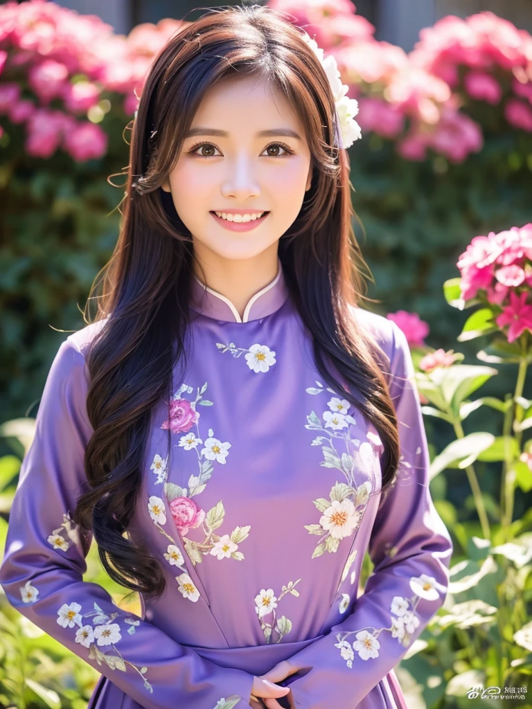 traditional clothes ,dark purple ao dai, ao dai, vietnamese girl, vietnam, vietnamese, satin, pretty girl, wide smile , long hair, Realistic lighting, delicate face, cute expression, Body perfect anatomy,Top Quality, 8K Resolution , full body , realistic , real human , High quality, shiny ao dai , realistic , Cinematic, Aesthetic , satin aodai, detailed and beautiful face and eyes,beautiful woman, floral patterns, flowers, flower design, flower pattern, cute woman, traditional ao dai