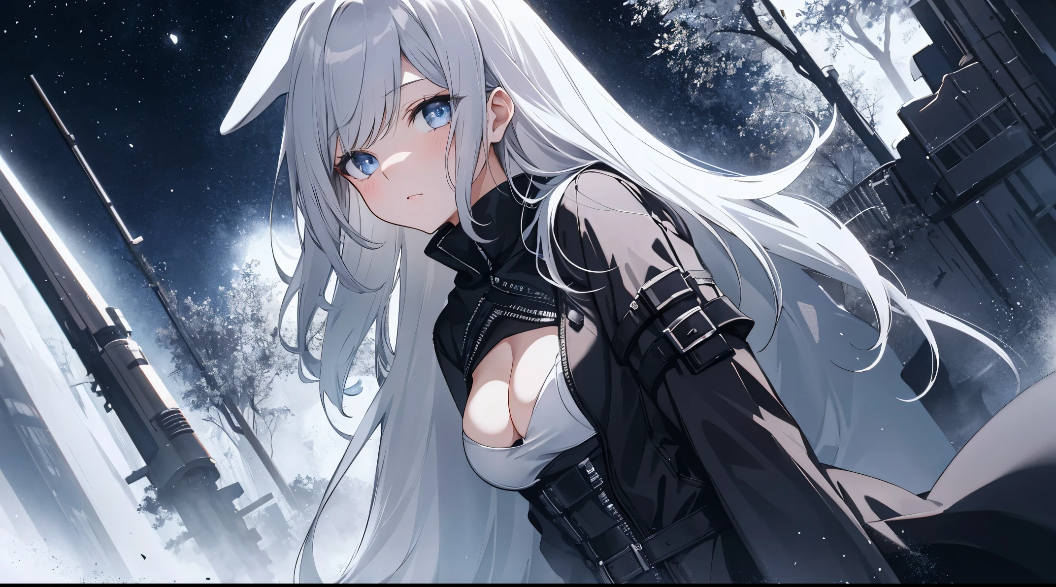（（tmasterpiece：1.4, Best quality at best））+, （hyper-detailing）+, （delicate blue eyes：1.5）+, （Detailed ears：1.5）, （cute girls）, （Tight white silk：1.5）, Tight white silk, Long hair details，no headwear，（Black hood：1.2）, pale-skinned, （brown cloth：1.5）, （Black Martin boots：1.4）, towering trees，Surrounded by huge black trees,shrouded in thick fog， Construction machinery，huge black crystal，sea level，Flying dust，black flaechanical prosthesieachside，（Wanderers：1.1）, （dawn light：1.2）, ）, （closeup cleavage：1.1）, the only person, bright gray hair, Gloom (Expressing the), from the front side, from below, Best quality at best, A high resolution, high detal, high high quality, 16k