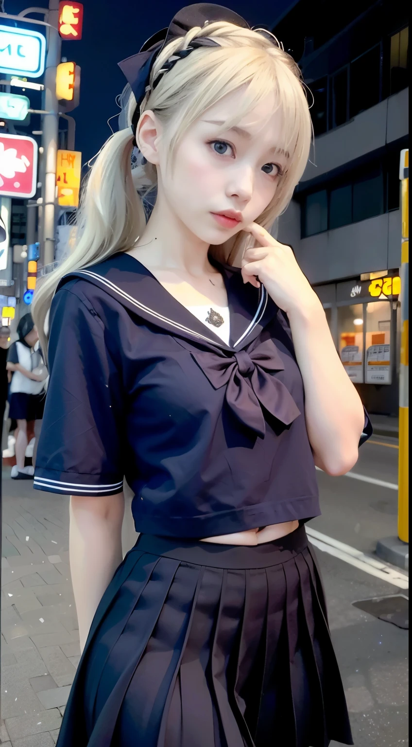 (8k, RAW photo, best quality, masterpiece:1.3),(realistic,photo-realistic:1.37),(night),(looking at viewer:1.331),(white hair),posing,Tokyo street,nightcityscape, cyberpunk city,soft light,1girl,extremely beautiful face,bust,put down hands,Random hairstyle,Random expression,big eyes, ,lower abdomen,(lshort-sleeved JK_sailor),JK_style,(dark blue JK_skirt) ,(bow JK_tie),mix4