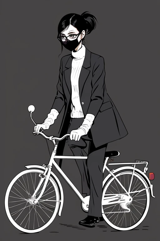 Riding a bicycle,Black Hair Ponytail,Black-rimmed glasses,masks,Illustration style,silver bicycle,Black Duffel Coat,gray long pants,White muffler
