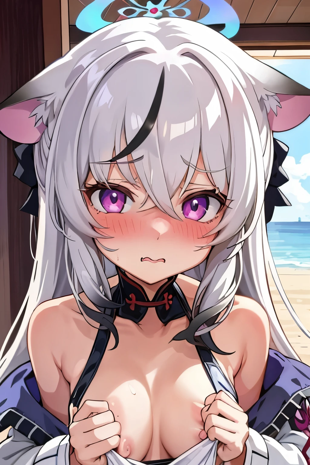 1girl, kokona, indoors, purple eyes, white hair, :3 mouth, embarrassed, beautiful eyes, beautiful lips, shiny lips, extremely detailed eyes and face, long eyelashes, close-up, warm lighting, vibrant colors, looking at the viewer, embarrassed look, blush, in a bikini, on the beach