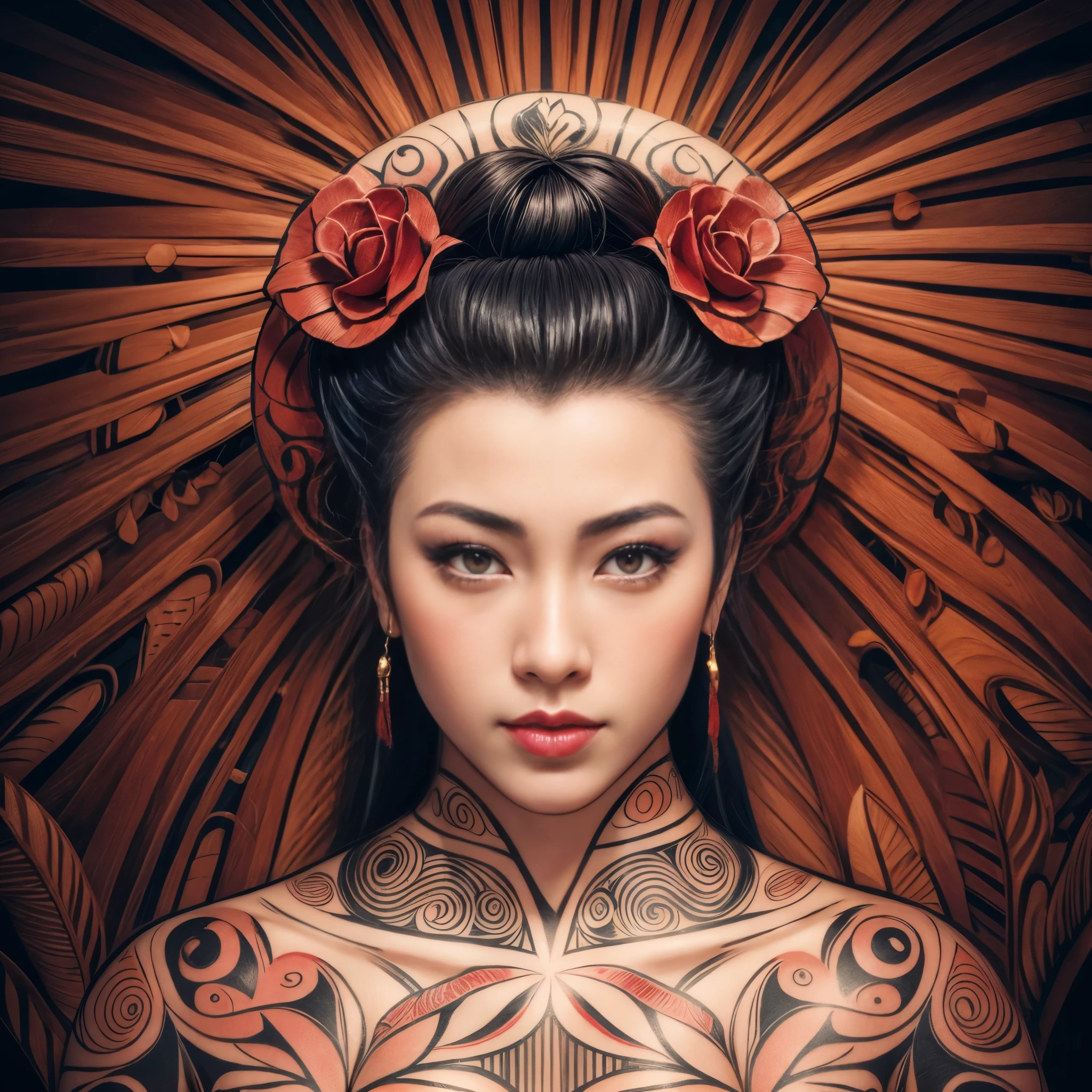 Stunningly gorgeous beautiful perfect hr giger inspired inspired tattooed sexy seductive Geisha , perfect face, hyper detailed vibrant eyes, large breasts, full body view, nude, no color black and gray only,