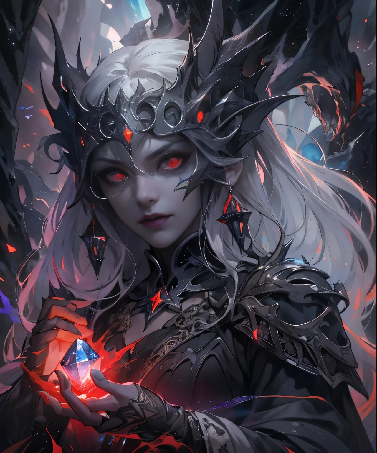 (absurdres, highres, ultra detailed), 1woman, beautiful drow female, long white hair, haunting red eyes, bangs, finely detailed eyes and detailed face, extremely detailed CG unity 8k wallpaper, intricate details, (style-swirlmagic:1.0), looking at viewer, solo, upper body, detailed background, close up, detailed face, (gothic dark theme:1.1), Eldritch sorcerer, dynamic pose, dark embroidered linen clothes, glowing magical aura, surrounded by magical crystals, rock formations, stalactites, magical floating particles, crystal cavern background, epic ethereal atmosphere, updraft, portrait
