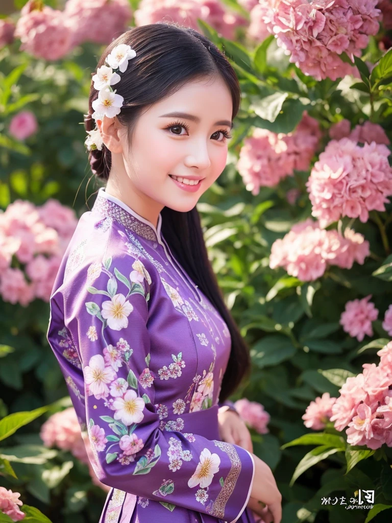 traditional clothes ,dark purple ao dai, ao dai, vietnamese girl, vietnam, vietnamese, satin, pretty girl, wide smile , long hair, Realistic lighting, delicate face, cute expression, Body perfect anatomy,Top Quality, 8K Resolution , full body , realistic , real human , High quality, shiny ao dai , realistic , Cinematic, Aesthetic , satin aodai, detailed and beautiful face and eyes,beautiful woman, floral patterns, flowers, flower design, flower pattern, cute woman, traditional ao dai