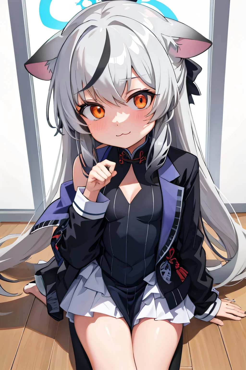 tmasterpiece, best qualtiy, ultra - detailed, 1girll,Gray hair Kokona, inside in room, Orange eye, :3,the face, closeup cleavage, at school