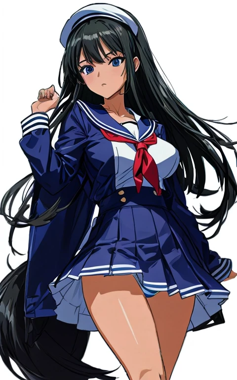 A beautiful woman with long black hair, big breasts, beautiful legs, and a sharp face is wearing a sailor suit with a white miniskirt, showing light blue and blue striped panties, and standing with her legs spread apart in the school hallway.。