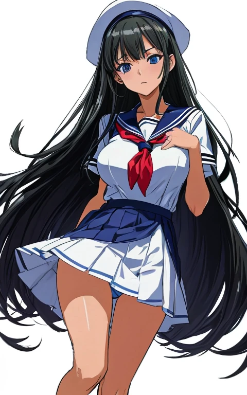 A beautiful woman with long black hair, big breasts, beautiful legs, and a sharp face is wearing a sailor suit with a white miniskirt, showing light blue and blue striped panties, and standing with her legs spread apart in the school hallway.。