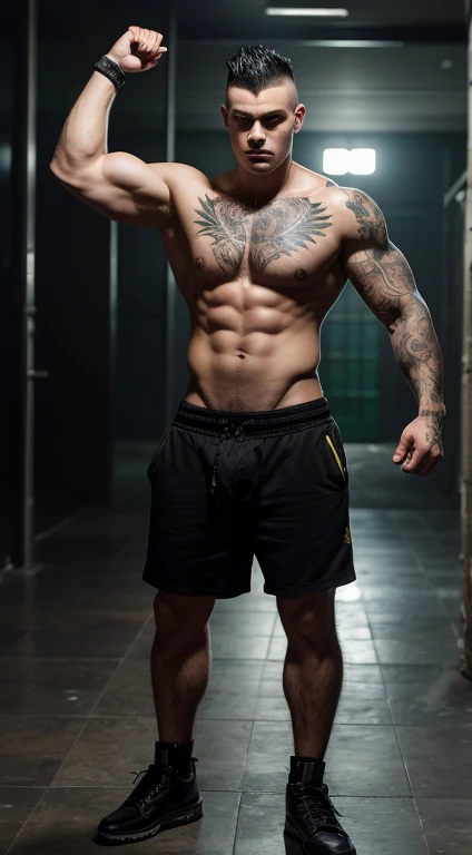 Harry Potter fighter, 17 years old, mohawk haircut, black hair, intense green eyes fixed, intense gaze, affiliated features, no facial hair, height 1.93, weight 96 kg, muscular build, broad shoulders, V-shaped body, warrior tattoos, full body focus, completely hairless,