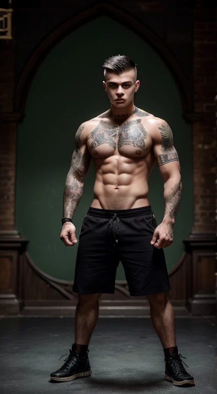 Harry Potter fighter, , mohawk haircut, black hair, intense green eyes fixed, intense gaze, affiliated features, no facial hair, height 1.93, weight 96 kg, muscular build, broad shoulders, V-shaped body, warrior tattoos, full body focus, completely hairless,
