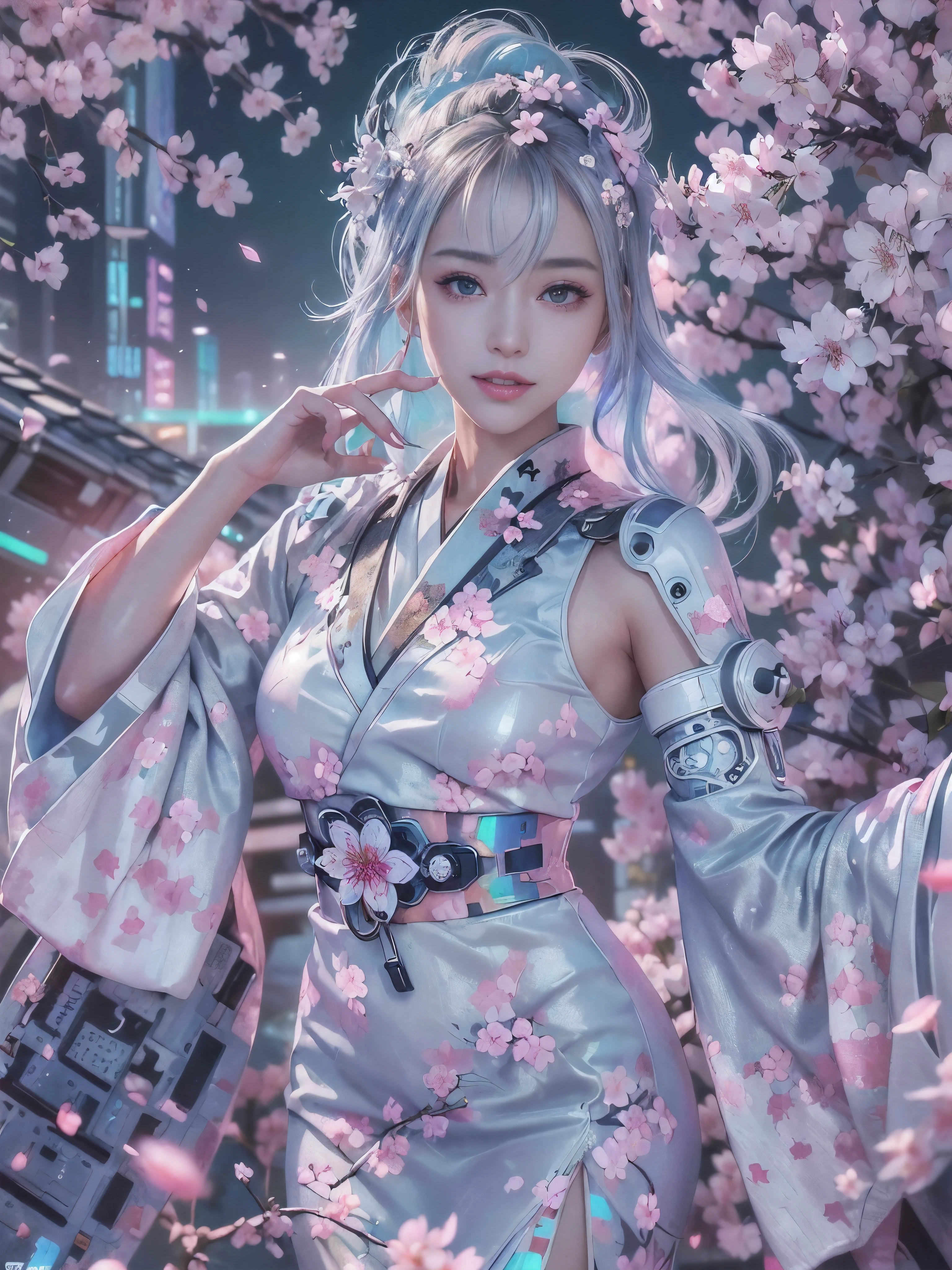 (Digital Art, Fractal Art, Official art, Beautiful and aesthetic, ultra-detailliert, Beautiful, masutepiece, Best Quality:1.8), (1girl in:1.2), Detailed face, Detailed eyes, detailed hairs, Detailed fingers, Five Fingers,
_
BREAK cute ig model, Cute models in Japan, 22 years old, My whole body is toned, small head, a small face, small mouth, Diamond Face, small nose, Sharp face lines, Smile,牙, (drooing eyes, 二重まぶた, bright color eyes, Moist eyes, shiny eyes:1.2), Shiny hair, Shiny skin,
_
BREAK (Happy, Smile, 牙, Glossy lips), Beautiful 牙,
_
(cyberpunk theme:1.3), (White traditional kimono style cyber dress with futuristic details:1.5), (high neckline, flare sleeve, complex led pattern:1.4), (silver metallic fabric:1.4), (Silver band with integrated technology:1.3), (cyber hand gloves:1.6),(geometric cyber flower motif:1.4), BREAK
(Holographic cherry blossoms on cyberpunk cityscape background:1.5), (ethereal glow:1.4), (urban futurism:1.3),
(Raise your arms and stretch your fingers in a bold pose:1.4), (A mysterious and confident gaze:1.3), BREAK
(A close-up shot that captures the delicate cyber details of the kimono.:1.4), (Incorporate dynamic angles to emphasize a modern twist:1.3), (Highlight the sparkling cherry blossoms as a background:1.4),