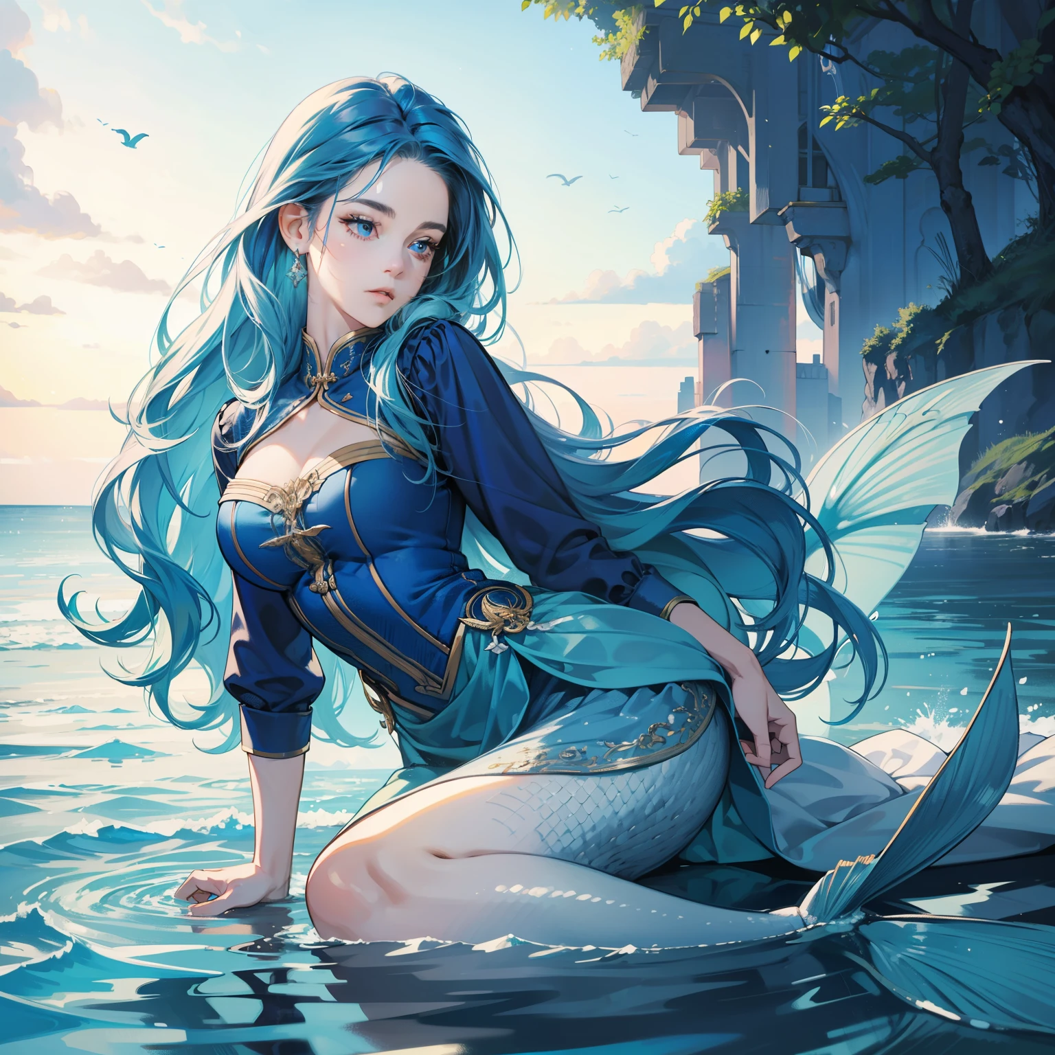 Masterpiece, high quality, best quality, HD, realistic, perfect lighting, detailed body, 1 woman, perfect eyes, long hair, blue Hair, Mermaid Blue Uniform, Sea background.