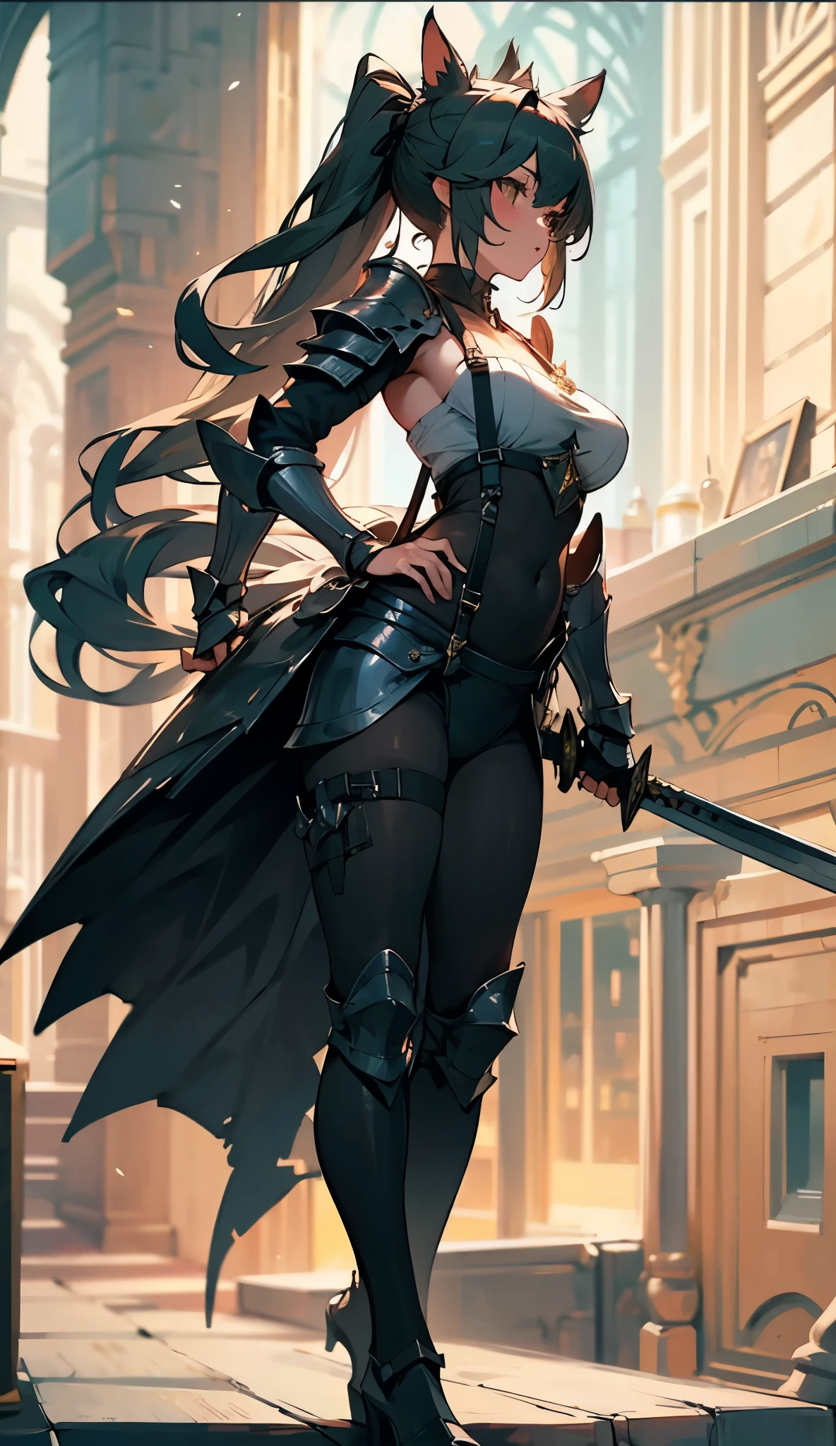 Medieval female knight, Wearing black and blue tube top armor,cat ear,pony tails ,black suspenders stockings,Long sword masterpiece, The beautiful